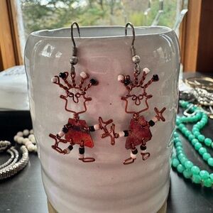 Handcrafted Copper Wire Earrings with Red Accents